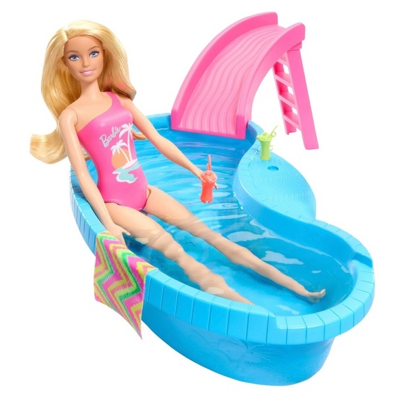 Barbie Doll and Pool Playset Blonde with Pool, Slide, Towel & Drink Accessories - Picture 3 of 6